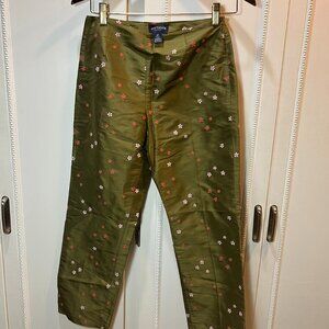 Silk Olive Green Embroidered Floral Capri